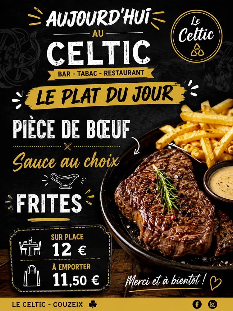 La carte - Le Celtic - restaurant COUZEIX - meilleur resto COUZEIX